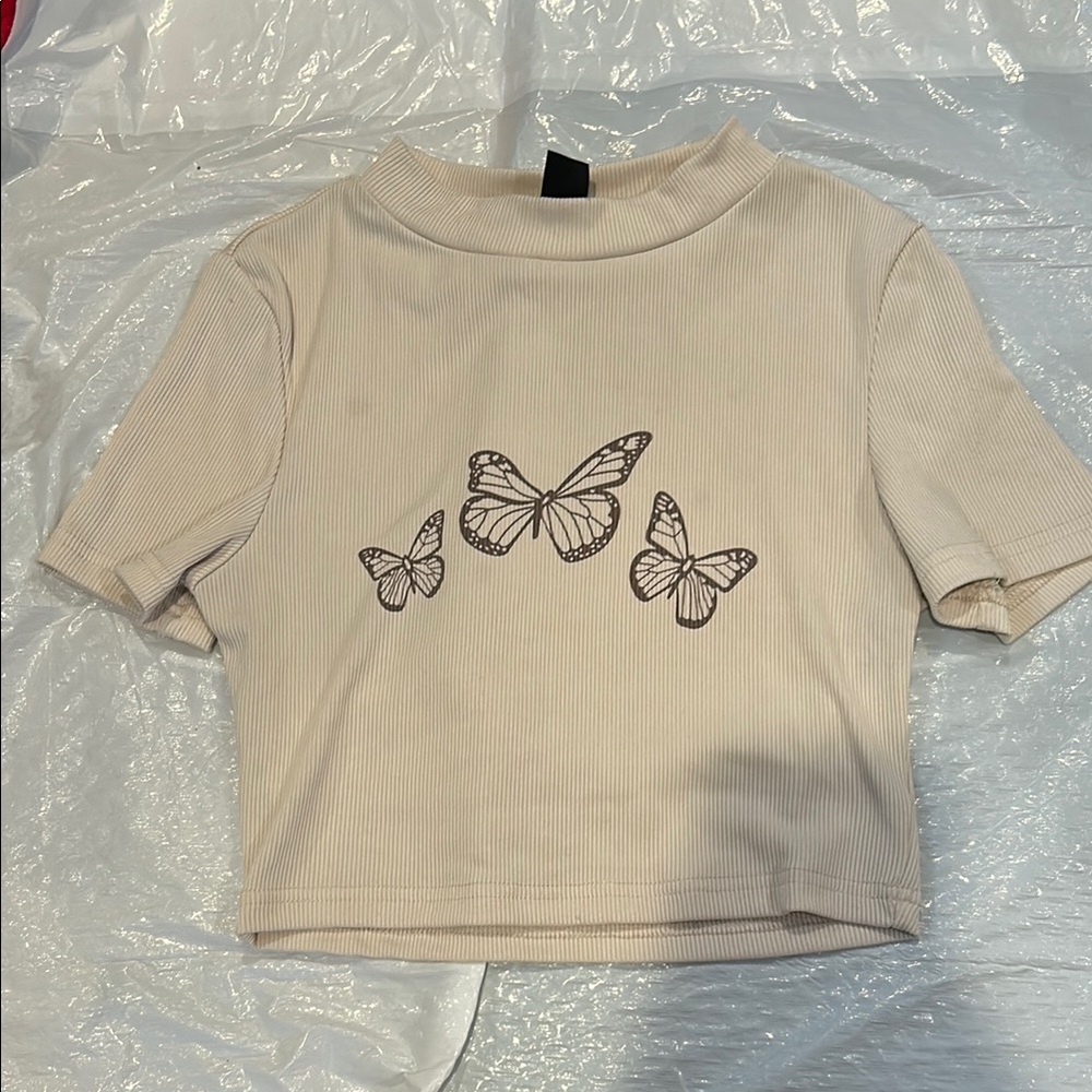 Beige Butterfly Print Ribbed Top